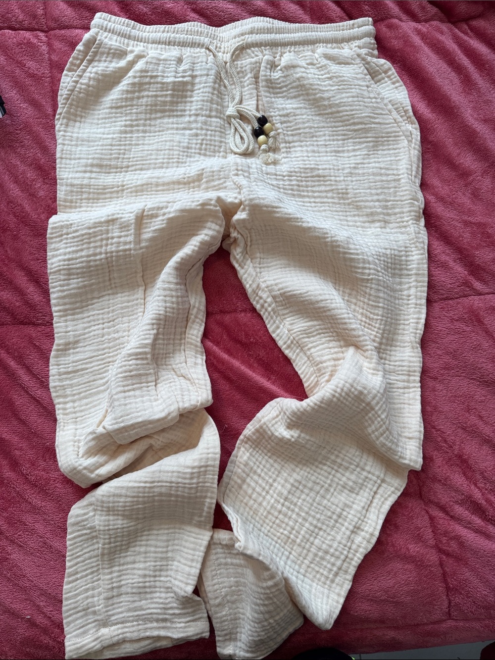 Cream Gauze Lounge Pants with Bead-Tie Waist